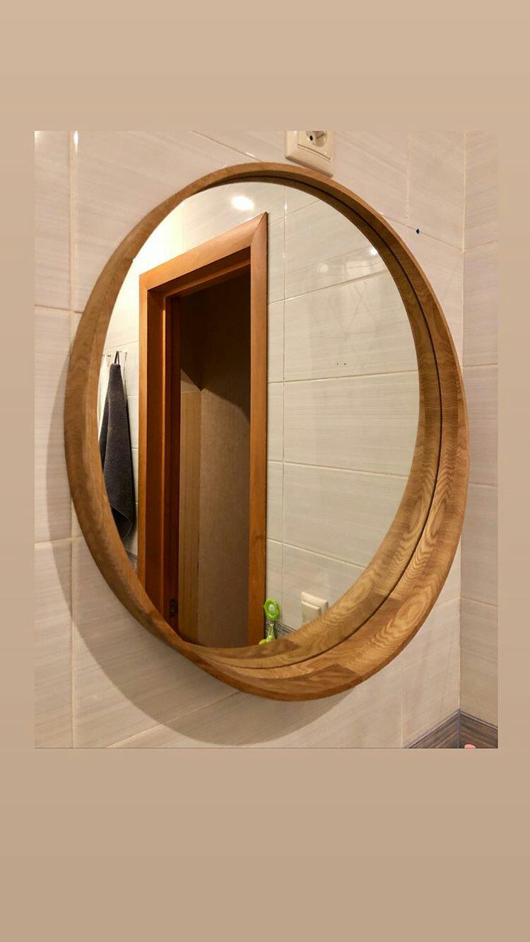 Круглое зеркало Стокгольм в деревянной раме из массива дуба для ванной