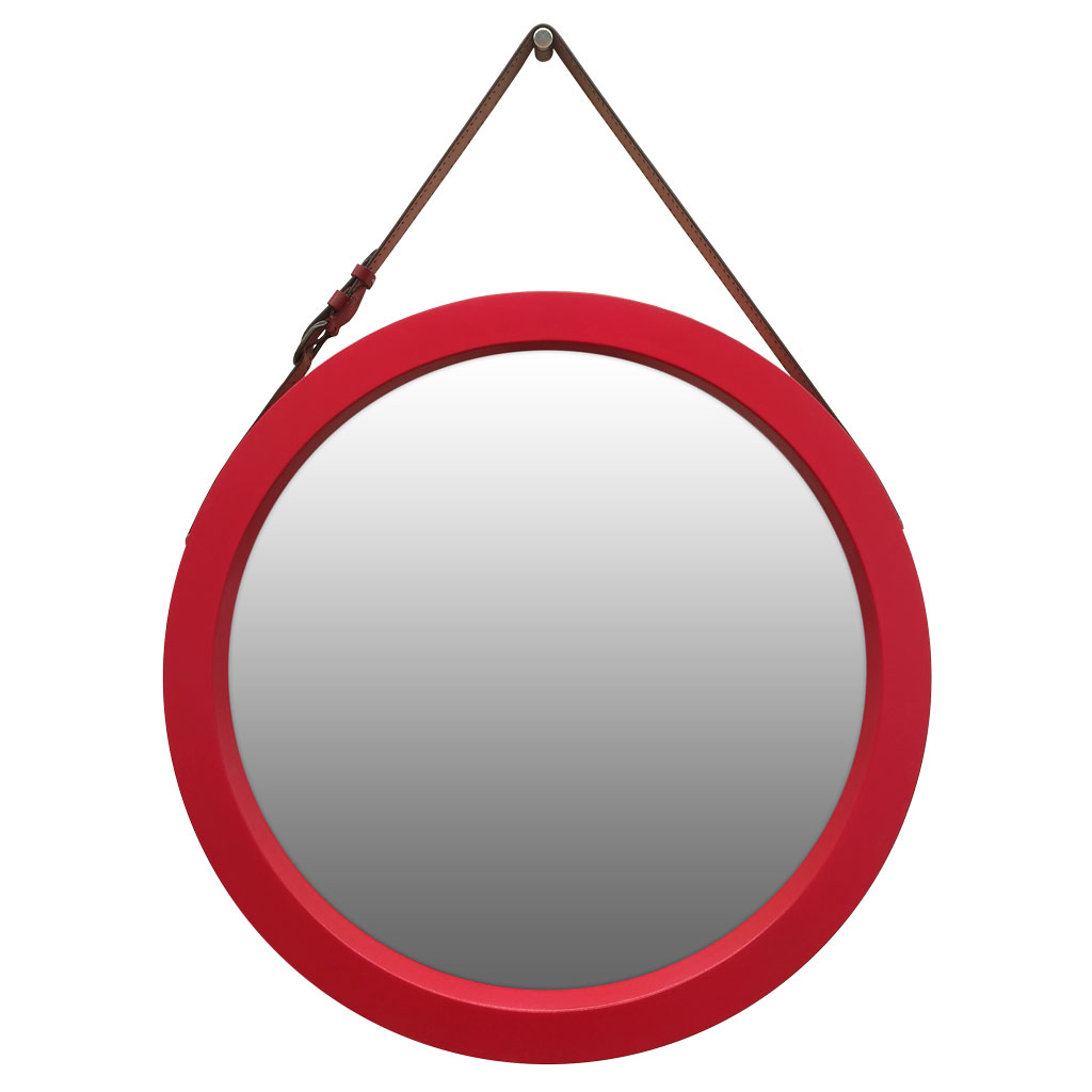 Круглое красное зеркало на кожаном ремне с контрастами