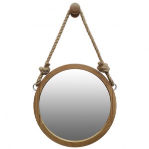 Круглое подвесное деревянное зеркало в дубовой раме на джутовом канате для ванной