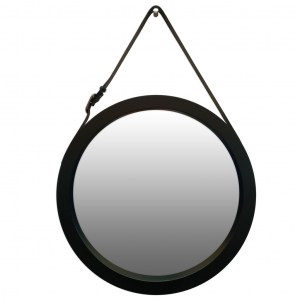 Круглое черное зеркало в раме на кожаном ремне